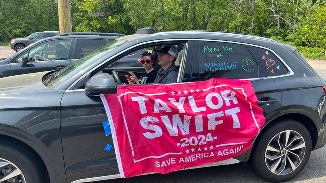 A car carrying Taylor Swift fans arrives at Gillette Stadium in Foxborough, Friday, May 19, 2023. (WJAR)