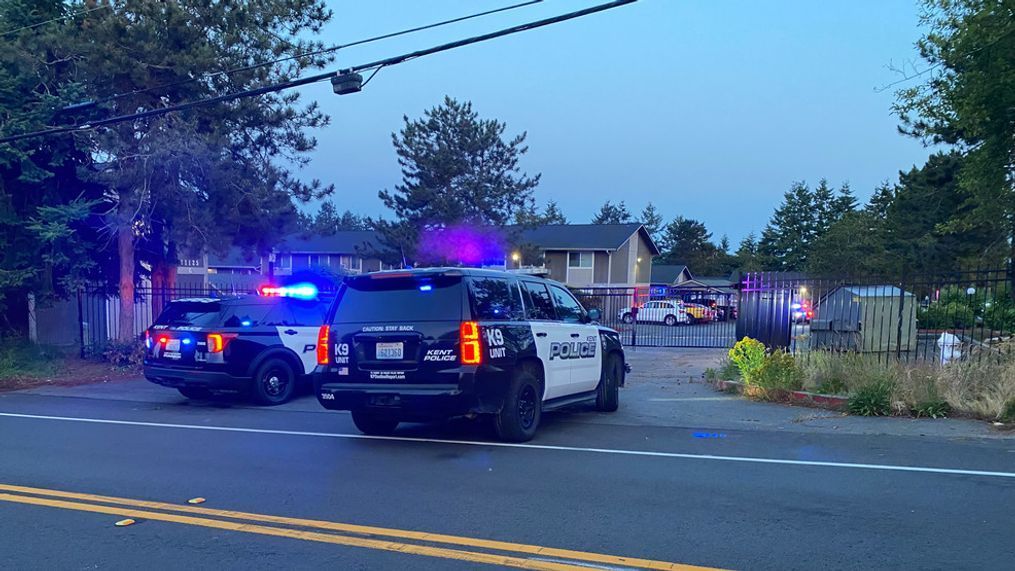 The Kent Police Department investigates a shooting near{&nbsp;}Clark Lake Park in south King County on June 22, 2023. (KOMO News)