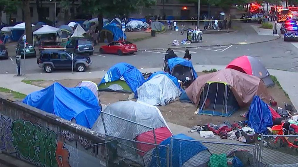 Homeless encampment tents at Seattle's City Hall Park in June 2021. (KOMO News file photo)