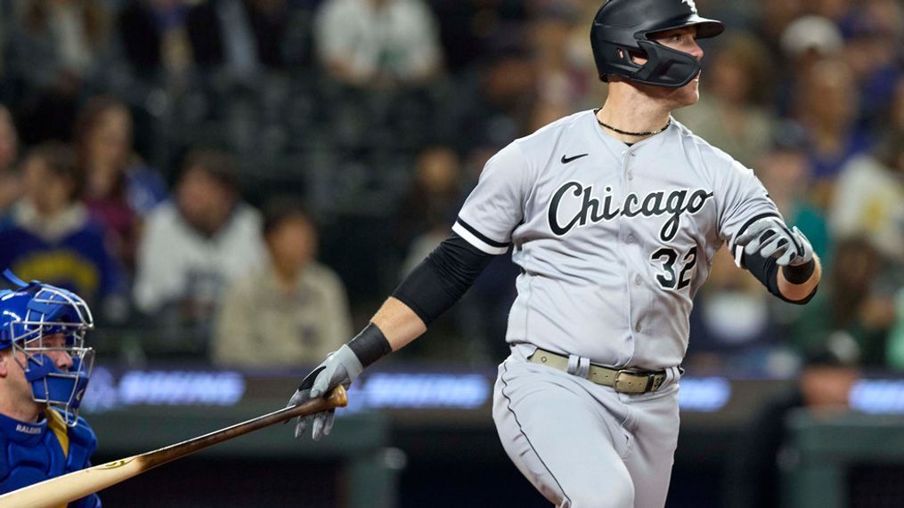Chicago White Sox's Gavin Sheets watches his solo home run off Seattle Mariners starting pitcher Bryan Woo during the fifth inning of a baseball game, Friday, June 16, 2023, in Seattle. (AP Photo/John Froschauer)