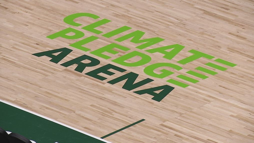 In this photo is the basketball court at Climate Pledge Arena, where the upcoming preseason game between the Los Angeles Clippers and Utah Jazz will take place on October 10, 2023. (KOMO)