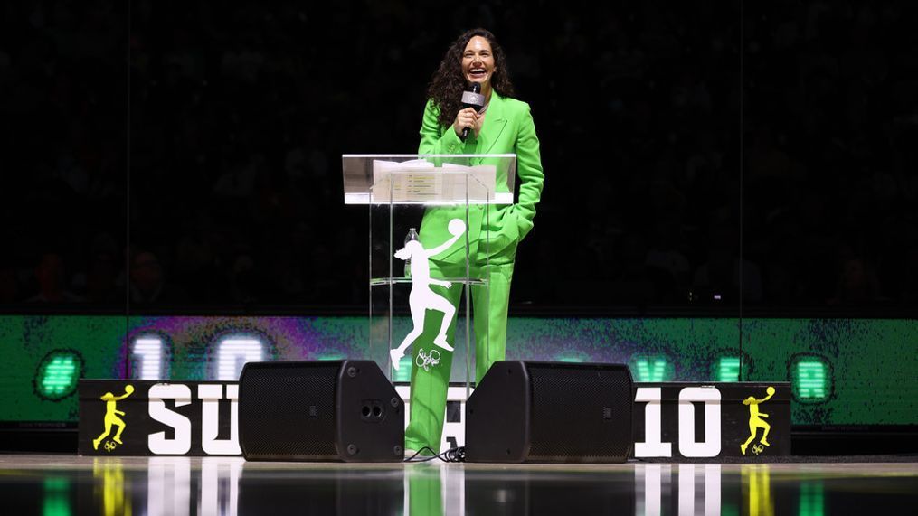 SEATTLE, WASHINGTON - JUNE 11: Sue Bird speaks during her jersey retirement ceremony after the game between the Seattle Storm and the Washington Mystics at Climate Pledge Arena on June 11, 2023 in Seattle, Washington. (Photo by Steph Chambers/Getty Images)
