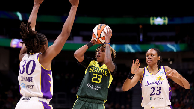 Jordan Horston #23 of the Seattle Storm shoots against the Los Angeles Sparks during the third quarter at Climate Pledge Arena on June 06, 2023 in Seattle, Washington. (Photo by Steph Chambers/Getty Images)
