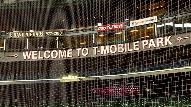 The welcome to T-Mobile Park sign hangs in the home of the Seattle Mariners. (KOMO News)