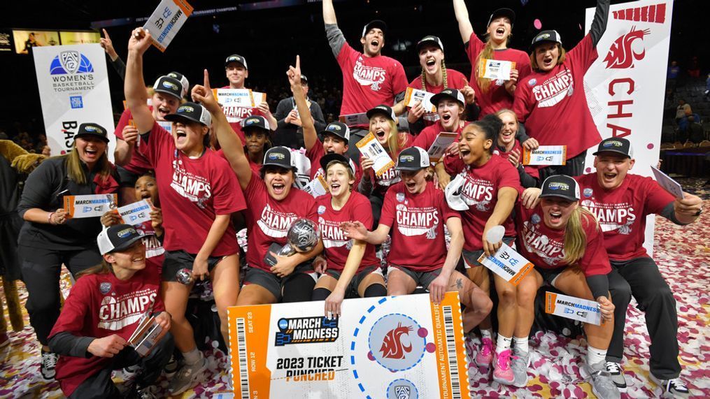 Washington State celebrates defeating UCLA in an NCAA college basketball game in the finals of the Pac-12 women's tournament, Sunday, March 5, 2023, in Las Vegas. (AP Photo/David Becker)