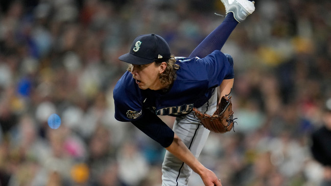 Seattle Mariners starting pitcher Logan Gilbert works against a San Diego Padres batter during the seventh inning of a baseball game Tuesday, June 6, 2023, in San Diego. (AP Photo/Gregory Bull)