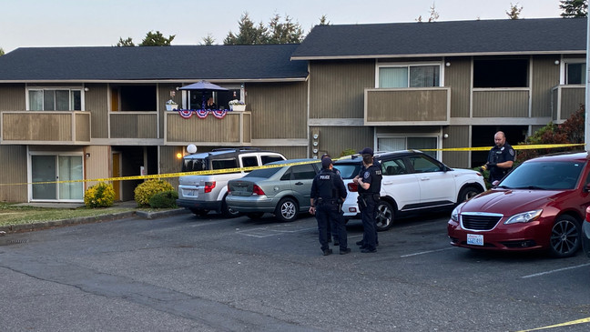 The Kent Police Department investigates a shooting near{&nbsp;}Clark Lake Park in south King County on June 22, 2023. (KOMO News)