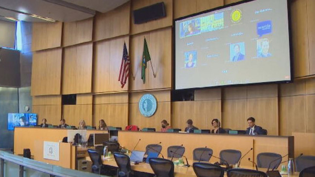 Members of Seattle City Council are seen at a meeting at City Hall on June 6. In a 5-4 vote, City Council rejected a bill that would have made possessing and knowingly using illegal drugs in public a gross misdemeanor. The bill would have also given the city attorney the authority to prosecute drug possession and public use drug cases. (KOMO News)