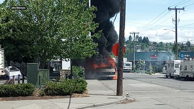 An RV caught fire along Northwest Ballard Way in Ballard sending plumes of black smoke into the air on Tuesday, May 23, 2023. (Photo: John Morrison)