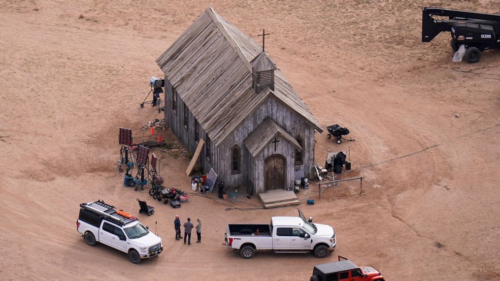 FILE - This aerial photo shows the movie set of "Rust," at Bonanza Creek Ranch, Oct. 23, 2021, in Santa Fe, N.M. Prosecutors are accusing the weapons supervisor on the film set where Alec Baldwin shot and killed a cinematographer of drinking and smoking marijuana in the evenings during the filming of âRust,â saying she was likely hung over when she loaded a live bullet into the revolver that was used by the actor. (AP Photo/Jae C. Hong, File)