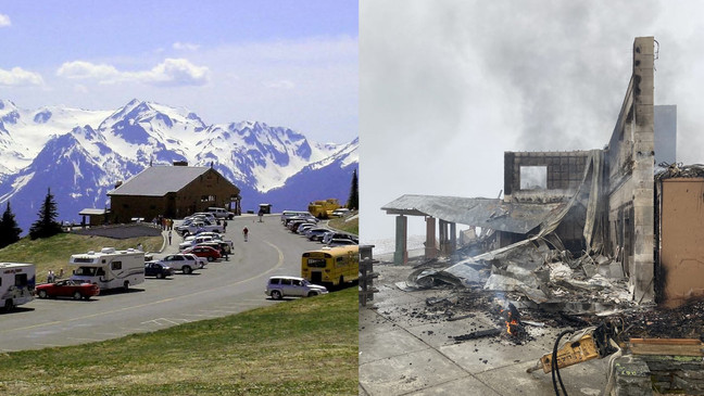 A before and after of the Hurricane Ridge Day Lodge. The popular destination in the Olympic National Park was destroyed in a fire on May 7, 2023. (National Parks Service)
