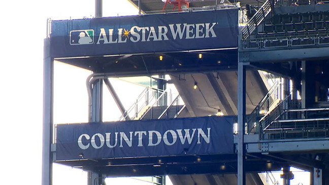 A 2023 MLB All-Star Week banner hangs in T-Mobile Park, home of the Seattle Mariners. (KOMO News)