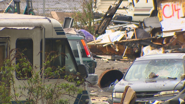 Crews began clearing the site of a large homeless encampment in Seattle's South Park neighborhood on Monday, March 20, 2023. (Image: KOMO News)