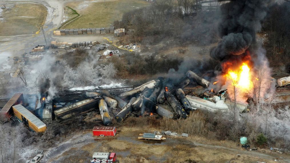 FILE - This photo taken with a drone shows portions of a Norfolk and Southern freight train that derailed the night before in East Palestine, Ohio, on Feb. 4, 2023. (AP Photo/Gene J. Puskar, File)