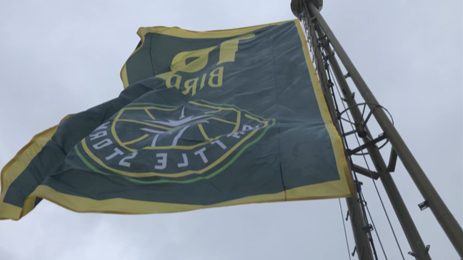 The flag that Sue Bird raised on top of the Space Needle on June 6, 2023 to celebrate her 21 year career with the Seattle Storm. (KOMO)