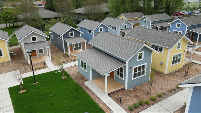 A KOMO News drone image shows the Sand Point Cottage Community housing development near Magnuson Park in northeast Seattle. (KOMO News)